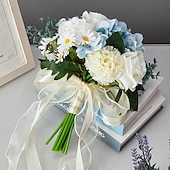 abordables Plantas y Flores Artificiales-Ramos de novia para boda, ramo de novia de flores artificiales de seda azul y blanco con rosas falsas, arreglo floral fresco y único para bodas