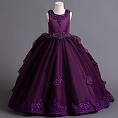 billige Blomsterkjoler-Blomsterpikekjole Barn Jente Prinsesse kjole Ytelse Bryllup Fest Elegant Vakker Netting Helfarge Ermeløs Crew-hals Vinrød Hvit 4 år +