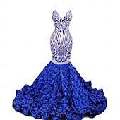 preiswerte SCHWARZ-Meerjungfrau  Trompeten-Abendkleid Elegantes Kleid Abendparty Abschlussball Gericht Zug Ärmellos V-Ausschnitt Afroamerikaner Pailletten mit Pailletten