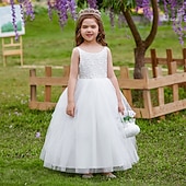 baratos Vestidos floridos-Vestido para Meninas das Flores Crianças Para Meninas Vestido de princesa Espetáculo Casamento Festa Elegante Lindo Com Transparência Côr Sólida Sem Manga Gola Redonda Branco Rosa 4 anos +