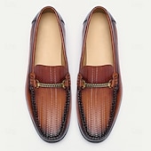 cheap Premium Leather Loafers-Stylish Brown Leather Loafers with Woven Detail and Metal Bit for Men | Perfect for Casual and Business Casual