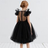 billige Blomsterkjoler-Blomsterpikekjole Barn Jente Prinsesse kjole Ytelse Bryllup Fest Elegant Vakker Netting Helfarge Kortermet Crew-hals Svart Hvit 4 år +