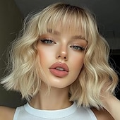 baratos Perucas Sintéticas sem Touca-perucas curtas para mulheres peruca ondulada com franja peruca bob cabelo sintético onda de água comprimento médio perucas coloridas para festa diária