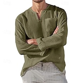 billiga Business Casual-Herr Skjorta linneskjorta Casual skjorta Slät Semester Hawaiisk Svart Vit Grön Aprikos Långärmad V-hals Vår &amp; Höst Kläder Ficka