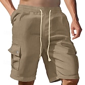 cheap Classic-Men&#039;s Cargo Shorts Linen Shorts Summer Shorts Beach Shorts Drawstring Elastic Waist Multi Pocket Plain Comfort Breathable Knee Length Outdoor Work Daily Classic Style Casual Black White