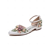 tanie Półformalny-damskie białe, kwiatowe, płaskie buty ślubne z paskiem przy kostce - eleganckie buty ślubne na śluby i ceremonie w ogrodzie