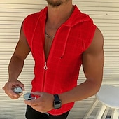 billiga Gym-toppar-Herr Linne Zip Up hoodies Ärmlös hoodie Ärmlös Huva Vår &amp; sommar Blommig Rutnät / Pläd Mode Ledigt Andningsfunktion Snörning Semester Ledigt Dagligen Svart Vit Rubinrött Topp t-shirt för män