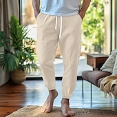 baratos Lar-Homens Calças de linho Calças Calça verão Cintura elástica Perna reta Ascensão alta Côr Sólida Conforto Respirável Comprimento total Casa Simples Casual Preto Branco Sem Elasticidade