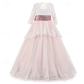 preiswerte Kleider für die Blumenmädchen-Blumenmädchenkleid Kinder Mädchen Prinzessinenkleid Leistung Hochzeit Party Elegant Schön Gitter Feste Farbe Langarm Rundhalsausschnitt Hellgelb Hellrosa 4 Jahre +