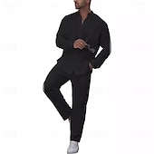 economico Set di camicie basic da uomo-Per uomo camicia di lino 2 pezzi Completo di camicia Camicia estiva Set abbinati Camicia da spiaggia Liscio Da mare Informale Nero Bianco Blu Cachi Manica lunga A fascia Primavera estate Abbigliamento