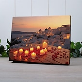 abordables Décoration murale LED-bougies lumineuses santorin art mural en toile à LED décoration murale éclairée par LED impression sur toile éclairée à piles 2AA cuisine lumineuse à LED chambre ou décoration intérieure