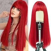 economico Parrucche trendy sintetiche-parrucca lunga e dritta con frangia parrucca parrucca sintetica resistente al calore con radici scure crea parrucche dall&#039;aspetto naturale per le donne parrucca da festa cosplay e per uso quotidiano