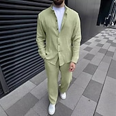 billiga Basic skjortor för män-Herr 2 delar Skjorta set Matchande set Casual skjorta Knapp upp skjorta Svart Vit Blå Grön Khaki grön Långärmad Slät Bandkrage Semester Dagligen Kläder Mode Ledigt