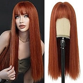 economico Parrucche trendy sintetiche-parrucca lunga e dritta con frangia parrucca parrucca sintetica resistente al calore con radici scure crea parrucche dall&#039;aspetto naturale per le donne parrucca da festa cosplay e per uso quotidiano