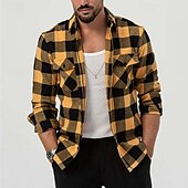 cheap Men&#039;s Shirt Jacket-Men&#039;s Shirt Summer Shirt Casual Shirt Beach Shirt Button Up Shirt Overshirt Yellow Blue Long Sleeve Plaid Lapel Vacation Hawaiian Button-Down Clothing Apparel Fashion Casual Comfortable
