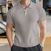 preiswerte Klassisches Poloshirt für Herren-Herren Rippenstrick-Top Muskelshirt Arbeit Lässig Klassisch Kurzarm Basic Modern Einfarbig Knöpfe Frühling &amp; Sommer Schmale Passform Schwarz Weiß Burgunderrot Hellgrau Khaki Rippenstrick-Top