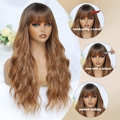 economico Parrucche trendy sintetiche-parrucca con frangia per donna parrucche lunghe e ondulate parrucche dall&#039;aspetto naturale parrucca sintetica resistente al calore per uso quotidiano alle feste