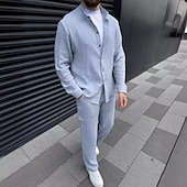 billiga Basic skjortor för män-Herr 2 delar Skjorta set Matchande set Casual skjorta Knapp upp skjorta Svart Vit Blå Grön Khaki grön Långärmad Slät Bandkrage Semester Dagligen Kläder Mode Ledigt