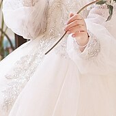 voordelige Bloemenjurken-Bloemenmeisjesjurk kinderen Voor meisjes Prinses jurk Prestatie Bruiloft Feest Elegant Mooi Netstof Effen Kleur Lange mouw Opstaande boord Wit 4 jaar +