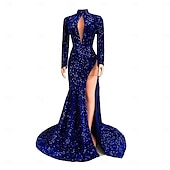 abordables BLEU-Robe de Soirée Sirène  Trompette Élégante Robe Soirée Performances Train Court Manches Longues Grand Col Afro-Américain avec Sequins