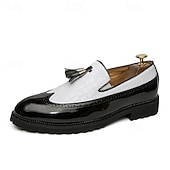 billiga Halvformell-Herrloafers i svart och vitt i lackkonstläder – krokodilpräglade tofsar med grov sula för Gatsby-fest, bröllop, bal, elegant nattliv