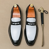 cheap Semi-Formal-Men&#039;s Black and White Faux Leather Loafers with Cut-Out Strap Detail - Elegant Slip-On Shoes for Formal and Business Attire