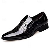 levne Poloformální-pánské hnědé lakované mokasíny z umělé kůže – prodyšné perforované slip-on společenské boty pro obchodní i formální příležitosti