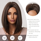 economico Parrucche trendy sintetiche-parrucche bob per donna, parrucca marrone di media lunghezza con mèches, parrucca corta e dritta bob, parrucca sintetica marrone con riga centrale