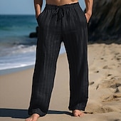 baratos Feriado-Homens Calças de linho Calças Calça verão Calças de praia Com Cordão Cintura elástica Perna reta Listra Conforto Respirável Comprimento total Casual Diário Feriado Férias Moda Branco Azul Céu