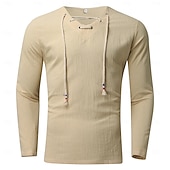 ieftine Tricouri din bumbac și in-Bărbați Cămașă de in Tricouri Tricou cu maneca lunga Manșon Lung În V Primăvara &amp; toamnă Culoare solidă Casual Cu Șiret Vacanță homewear Alb Top tricou pentru bărbați