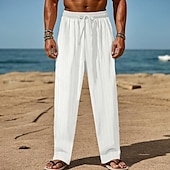 baratos Feriado-Homens Calças de linho Calças Calça verão Calças de praia Com Cordão Cintura elástica Perna reta Tecido Conforto Respirável Comprimento total Diário Feriado Praia Férias Moda Preto Branco