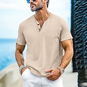 cheap Casual Henley Tee-Men&#039;s Henley Shirt Tee Top Short Sleeves Plain Fashion Designer Basic Buttons V Neck V Neck Vacation Street Going out Summer Black White Light Blue Henley T-Shirt