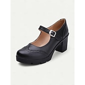 olcso Block Heels-női kék-fehér mary jane vaskos sarkú cipő brogue részletekkel, vintage stílusú kényelmes pumpák irodába, bulikba és mindennapi viseletre