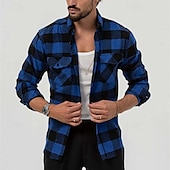 cheap Men&#039;s Shirt Jacket-Men&#039;s Shirt Summer Shirt Casual Shirt Beach Shirt Button Up Shirt Overshirt Yellow Blue Long Sleeve Plaid Lapel Vacation Hawaiian Button-Down Clothing Apparel Fashion Casual Comfortable