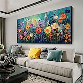 abordables Peintures paysages-Peinture à l&#039;huile originale faite à la main de fleurs colorées sur toile, peinture abstraite de groupe de fleurs à texture, art mural pour la décoration intérieure avec cadre tendu/sans cadre