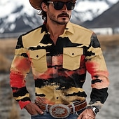 billige vestlige skjorter for menn-Herre Fargeblokk Marmor Western skjorte Cowboyskjorte Langermet Vestlig Fritid Avslappet Vår Høst Aftæpning 2 lommer Gul Blå Grønn