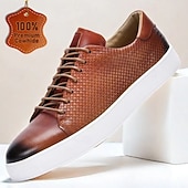 billiga Premium sneakers i läder-bruna lädervävda sneakers med vit sula för män | mångsidig för casual och business casual