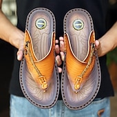 cheap Outdoor Sandals-Men&#039;s Vintage Faux Leather Flip-Flops – Casual Summer Sandals with Braided Strap for Beach and Outdoor Wear