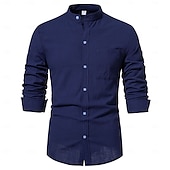 economico Classico-Per uomo Camicia camicia di lino Camicia con colletto a fascia Camicia estiva Camicia da spiaggia Liscio Da mare Informale Bianco Blu marino scuro Blu Marrone Manica lunga A fascia Primavera estate