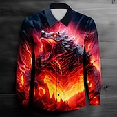 preiswerte Tiermuster Druck-Herren Drache Kragenhemd Knopfhemd Langarm Dunkel Normal Casual Frühling Herbst Umlegekragen Knopf hoch Rote
