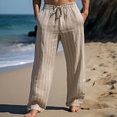 baratos Feriado-Homens Calças de linho Calças Calça verão Calças de praia Com Cordão Cintura elástica Perna reta Listra Conforto Respirável Comprimento total Casual Diário Feriado Férias Moda Branco Azul Céu