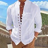 economico Vacanza-Per uomo Camicia camicia di lino Camicia Guayabera Camicia estiva Maglietta informale Camicia con bottoni Liscio Da mare Curise Nero Bianco Rosa Cachi Manica lunga A fascia Estate Primavera &amp; Autunno
