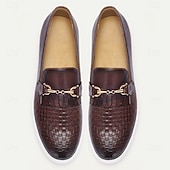 cheap Premium Leather Loafers-Men's Premium Cowhide Slip-On Sneakers with Woven Leather Design, Tassel and Gold Chain Detail, Casual and Stylish for Everyday Wear