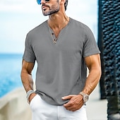 cheap Casual Henley Tee-Men&#039;s Henley Shirt Tee Top Short Sleeves Plain Fashion Designer Basic Buttons V Neck V Neck Vacation Street Going out Summer Black White Light Blue Henley T-Shirt