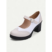 olcso Block Heels-női kék-fehér mary jane vaskos sarkú cipő brogue részletekkel, vintage stílusú kényelmes pumpák irodába, bulikba és mindennapi viseletre