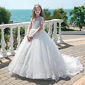preiswerte Kleider für die Blumenmädchen-kinderkleidung Mädchen Kleid für die Erstkommunion Party Kleid Feste Farbe Ärmellos Langarm Leistung Hochzeit Party Gitter Prinzessin Süß Gitter Mitte der Wade Etuikleid Tüll-Kleid Sommer Frühling