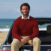 abordables Pull col rond-Homme Chandails de Noël Pull Chandail Pull Gauffré Tricoter Style classique Couleur unie Col Ras du Cou Noël Elégant Formel Intérieur Vêtement Tenue Bouffantes Automne Hiver Vin Potiron S M L