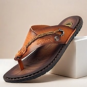 cheap Outdoor Sandals-Men&#039;s Vintage Faux Leather Flip-Flops – Casual Summer Sandals with Braided Strap for Beach and Outdoor Wear