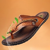 cheap Outdoor Sandals-Men&#039;s Vintage Faux Leather Flip-Flops – Casual Summer Sandals with Braided Strap for Beach and Outdoor Wear