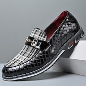 levne Pánské nazouváky a mokasíny-pánské černé lakované mokasíny s prošívaným vzorem a kostkovanými detaily – stylové slip-on společenské boty pro formální události, podnikání a večírky